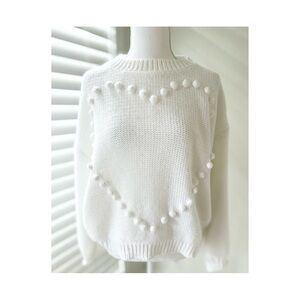 White Pom-Pom Crew Neck Sweater